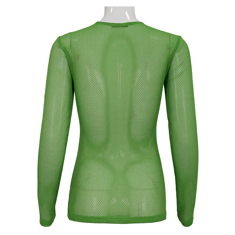 Back view of stylish women's green long-sleeved sheer mesh top in an alternative style, perfect for trendy ladies.