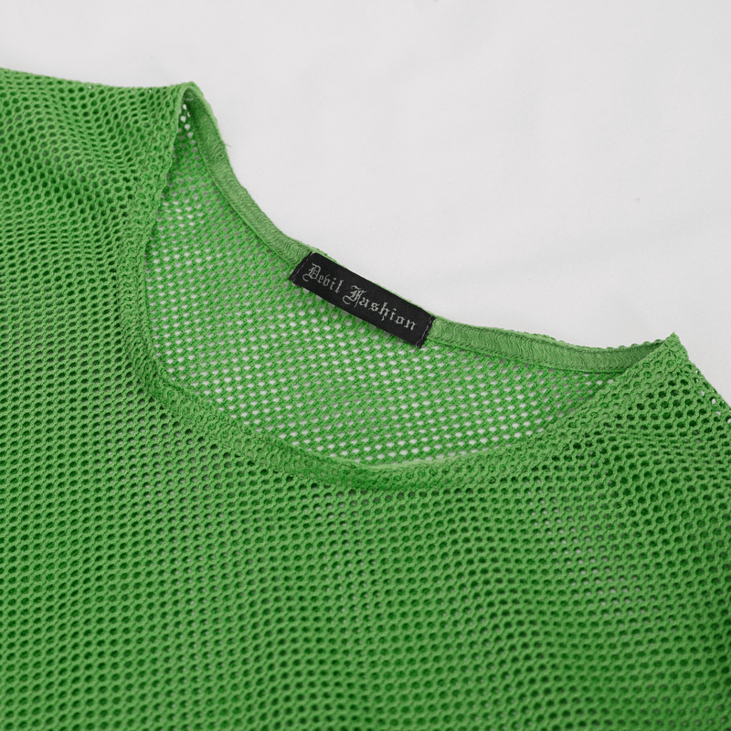Close-up of a stylish green sheer mesh top collar with a brand tag, perfect for alternative fashion lovers.