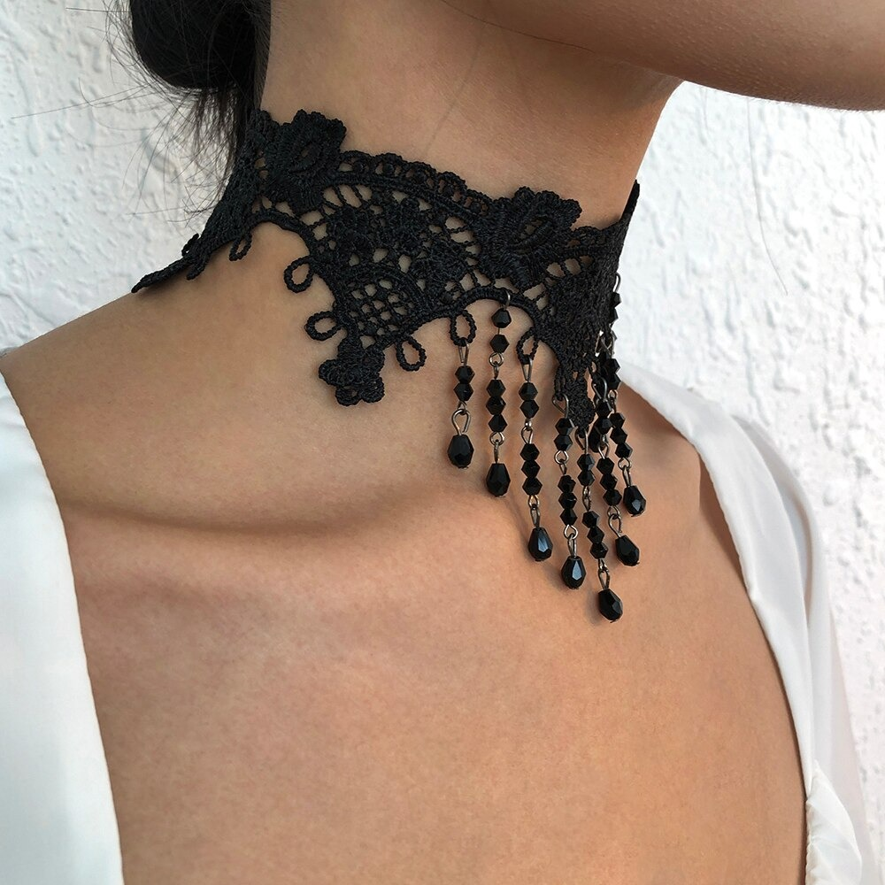 Stylish Women's Hanging Rhinestone Lace Necklace / Unique Design Black Jewelry - HARD'N'HEAVY