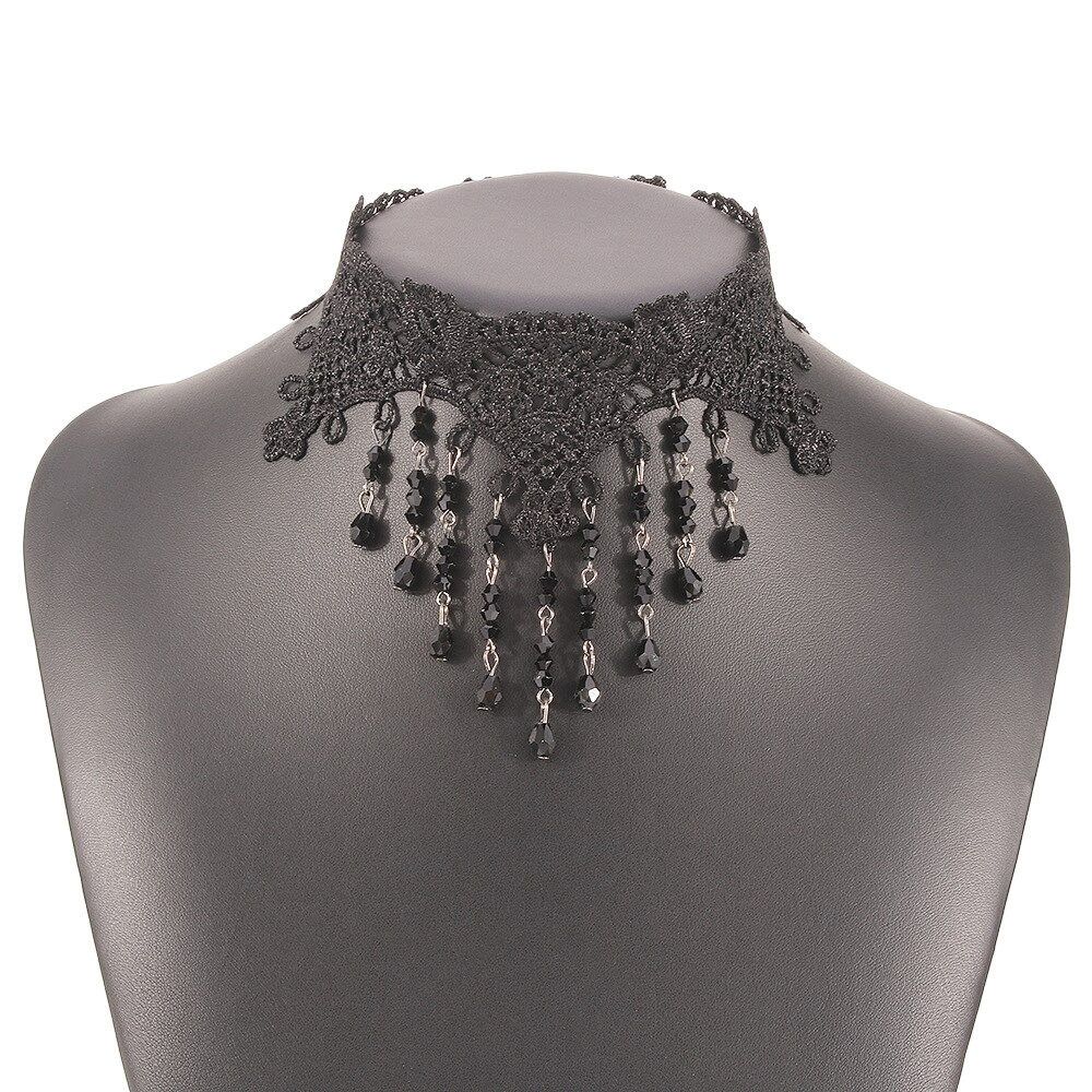 Stylish Women's Hanging Rhinestone Lace Necklace / Unique Design Black Jewelry - HARD'N'HEAVY