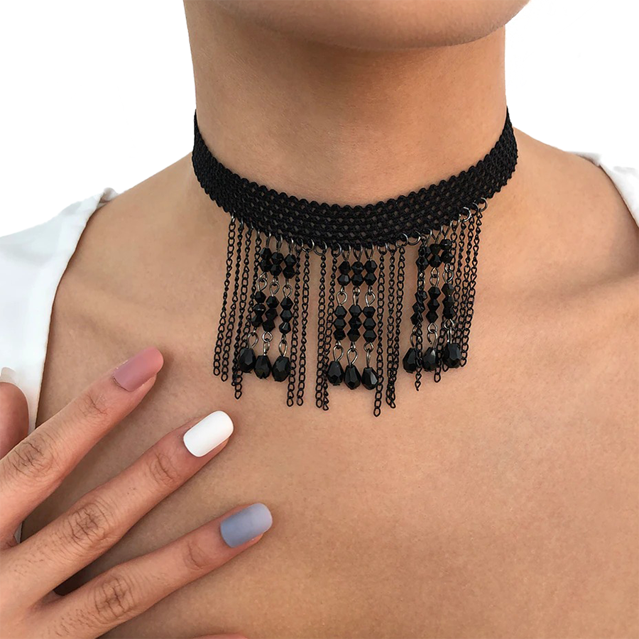 Stylish Women's Hanging Rhinestone Necklace / Unique Design Black Choker Necklace - HARD'N'HEAVY