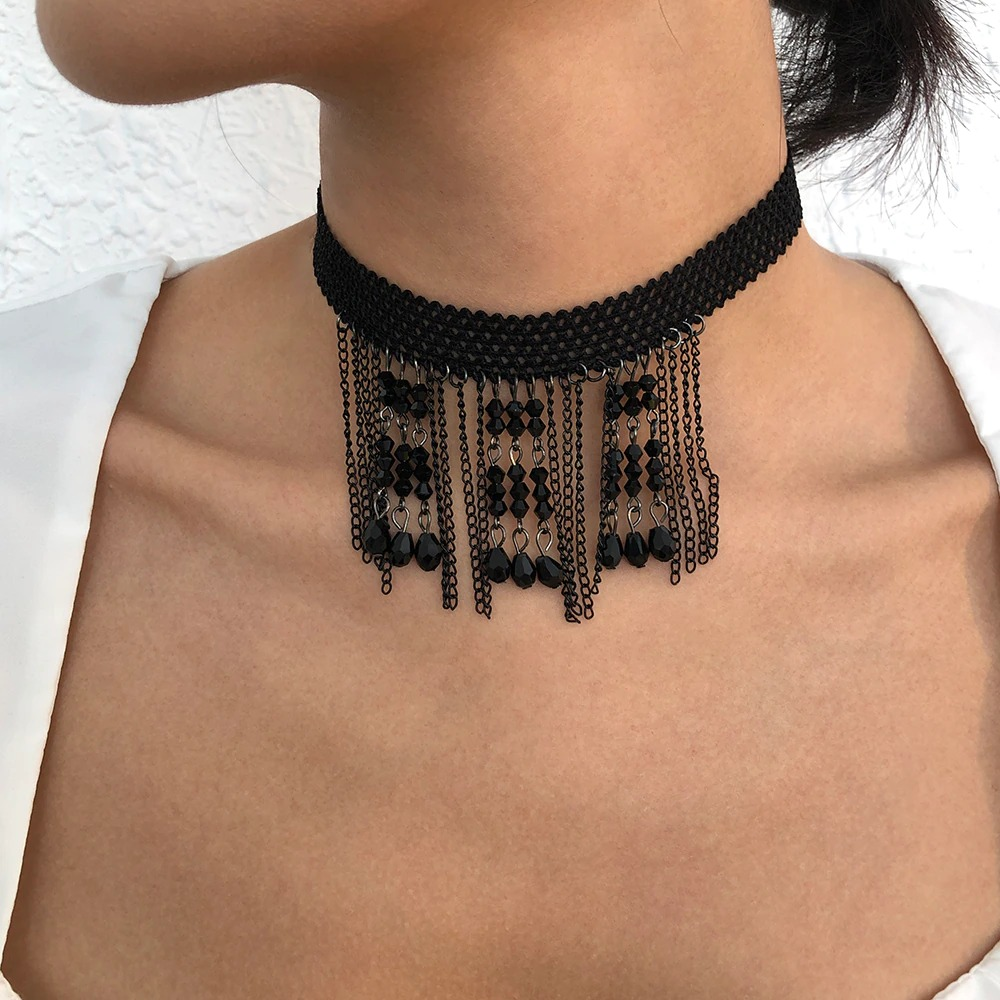 Stylish Women's Hanging Rhinestone Necklace / Unique Design Black Choker Necklace - HARD'N'HEAVY