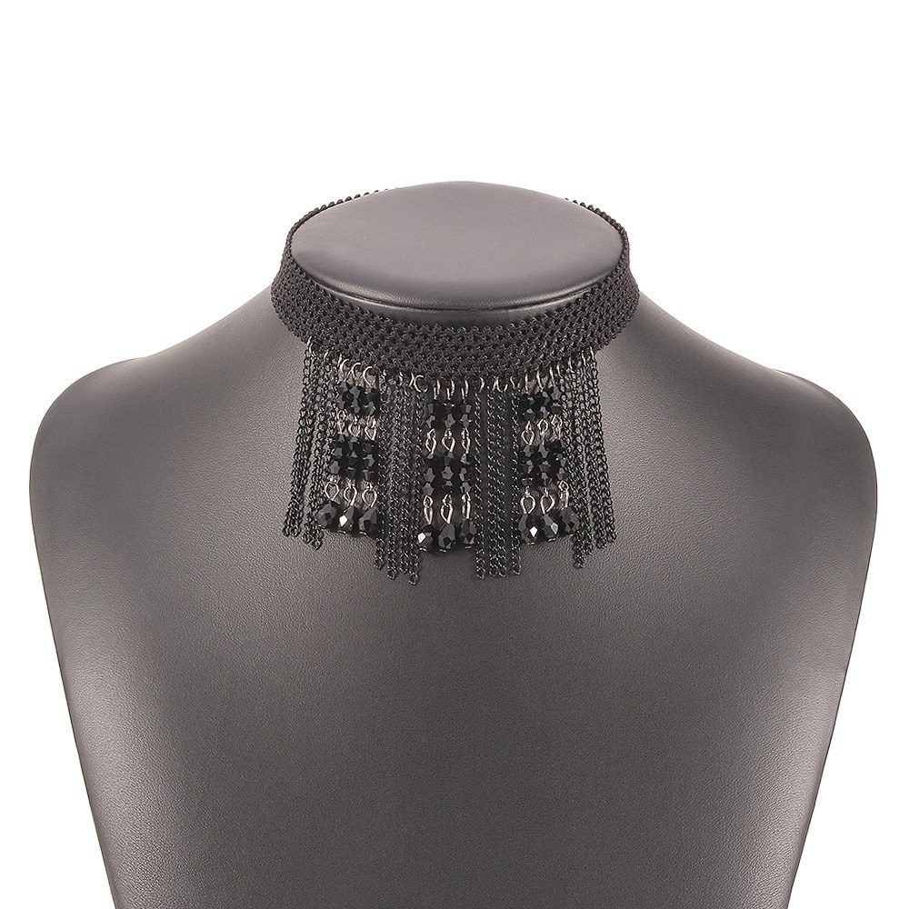 Stylish Women's Hanging Rhinestone Necklace / Unique Design Black Choker Necklace - HARD'N'HEAVY
