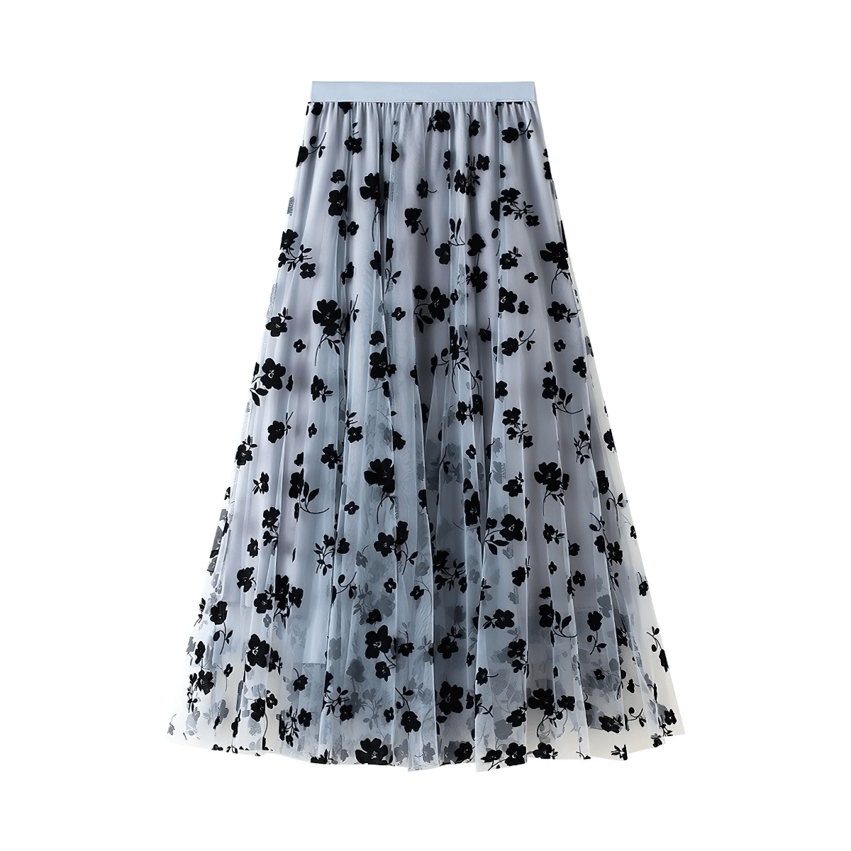Stylish high waist women's skirt with black embroidered flowers on mesh tulle in elegant casual style.