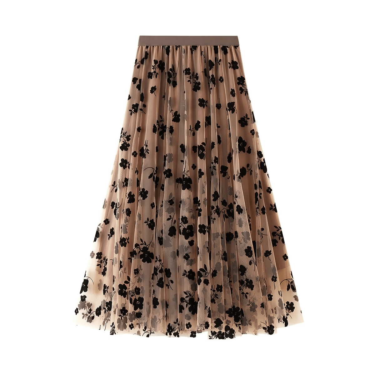 Stylish women's high waist midi skirt with black embroidered floral design on tulle fabric.