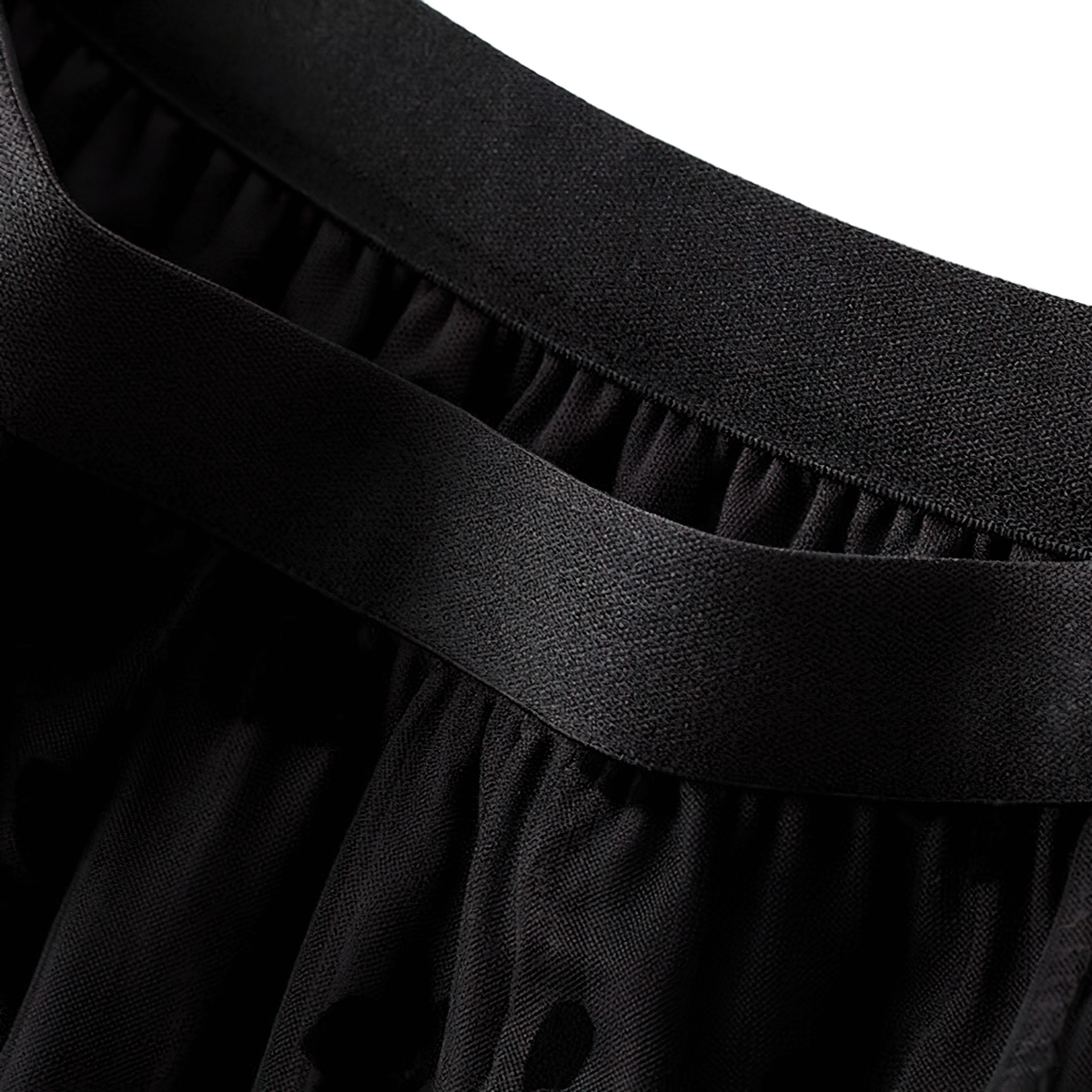 Close-up of the waistband of a stylish women's high waist skirt in black, highlighting the elegant design.