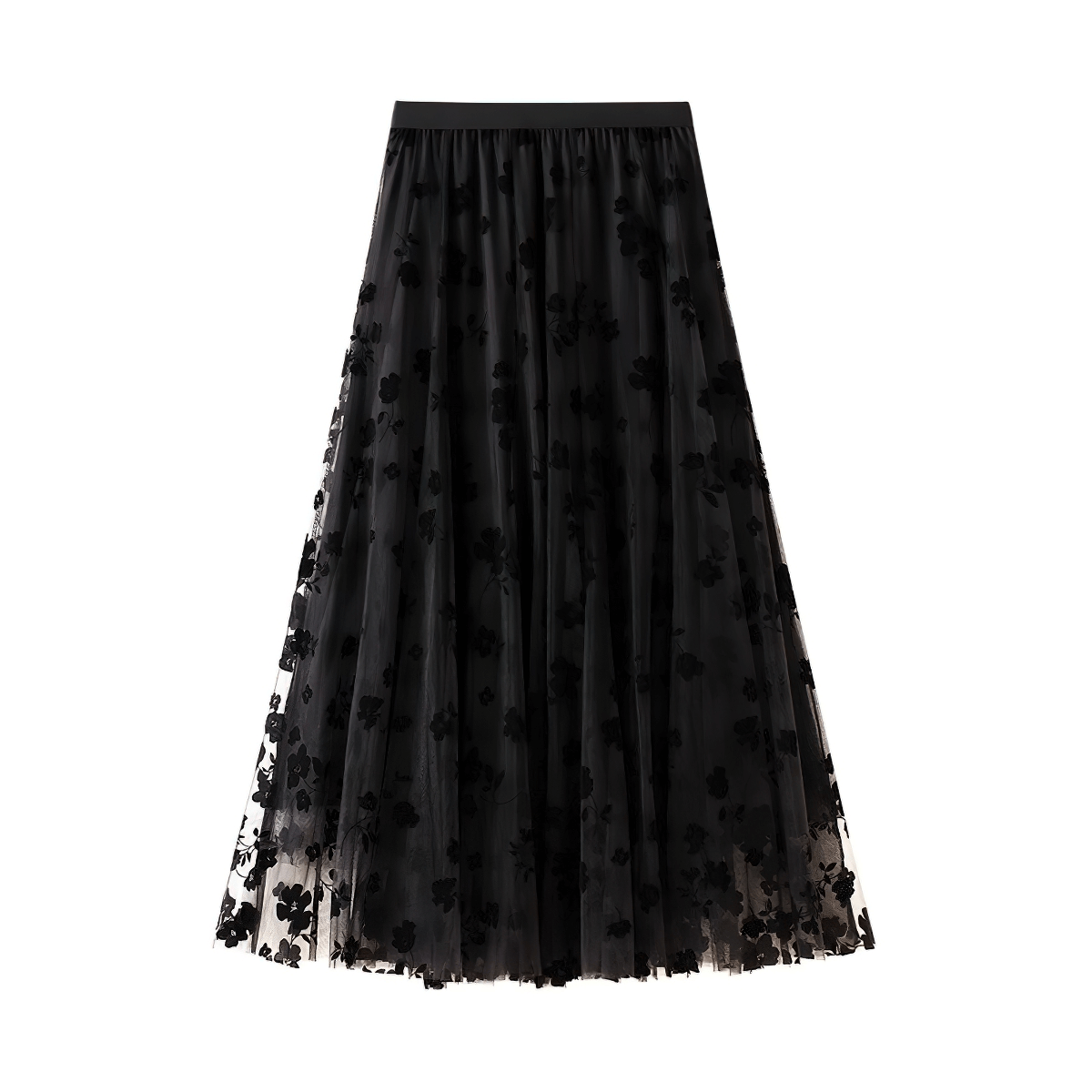 Stylish women's high waist midi skirt in black mesh tulle with floral embroidery, perfect for elegant casual looks.