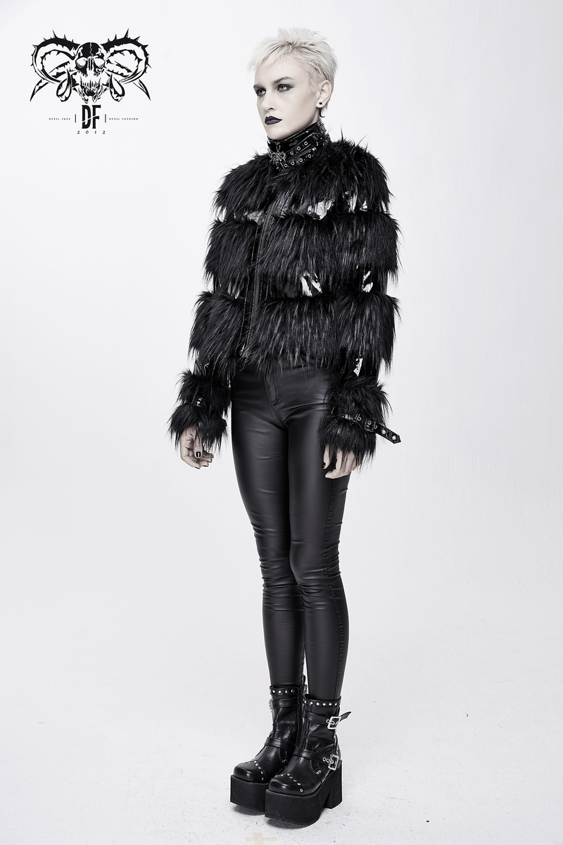Chic gothic women's jacket with fur details, paired with sleek black leggings and platform boots.
