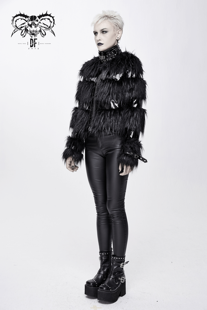 Stylish Women's Jacket Decorated with a Fur / Shiny Pu Leather Jacket with Buckles on the Neck - HARD'N'HEAVY