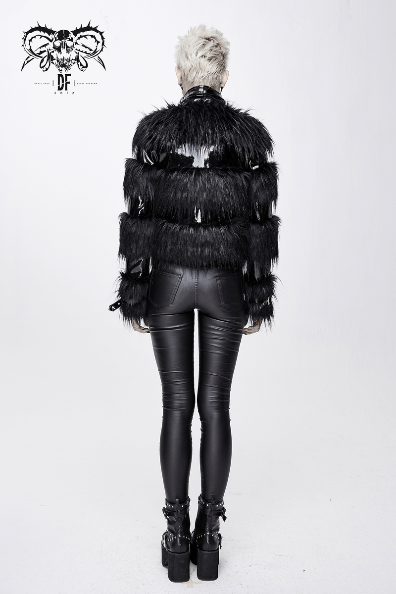 Back view of stylish women's black faux fur jacket paired with sleek black leggings and chunky heeled boots.