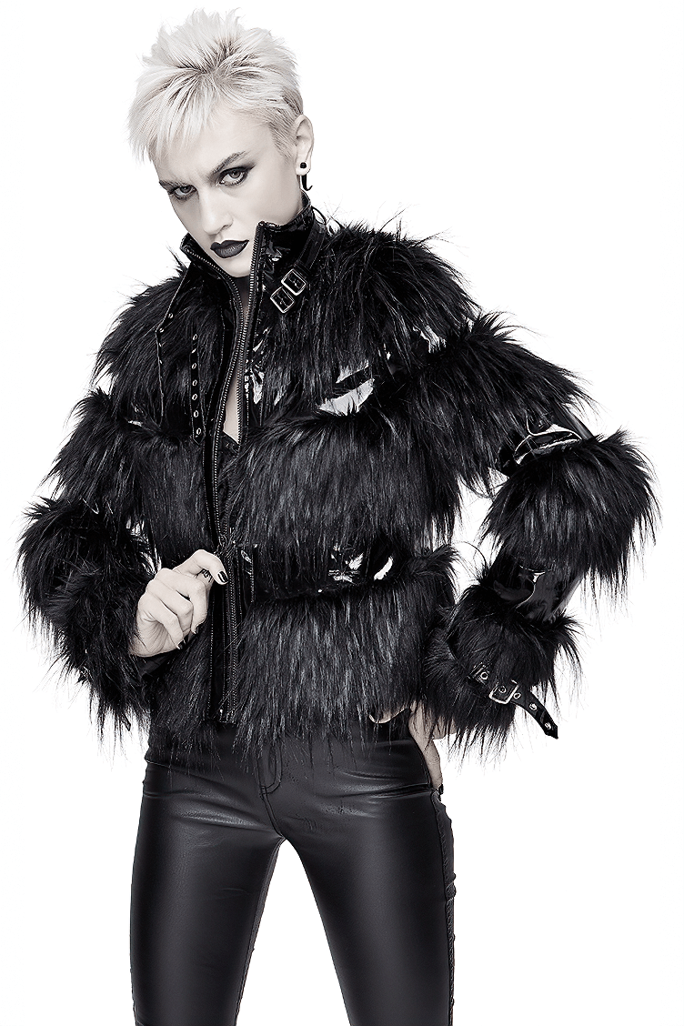 Stylish black fur jacket for women, perfect for gothic fashion, featuring shiny PU leather and striking buckles.