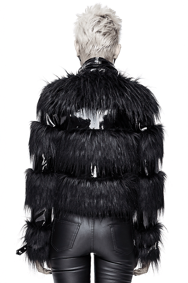 Back view of a stylish women's black jacket with fur, designed with shiny PU leather and eye-catching straps.