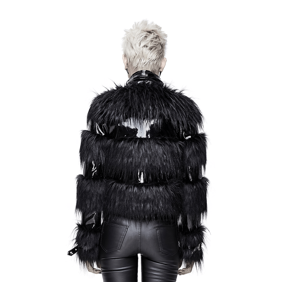 Stylish Women's Jacket Decorated with a Fur / Shiny Pu Leather Jacket with Buckles on the Neck - HARD'N'HEAVY