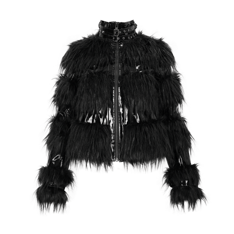 Stylish Women's Jacket Decorated with a Fur / Shiny Pu Leather Jacket with Buckles on the Neck - HARD'N'HEAVY