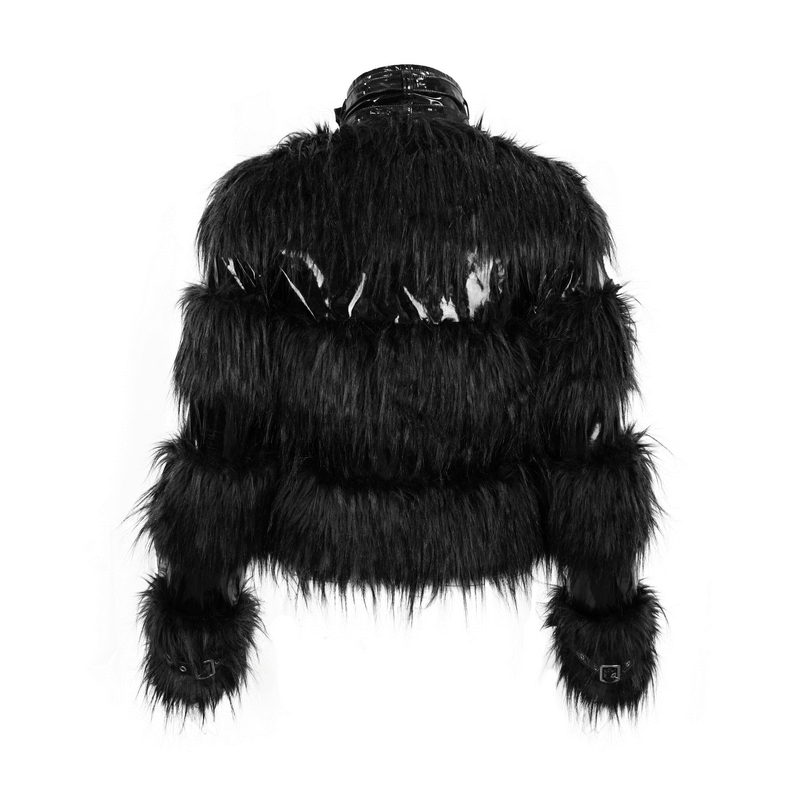 Back view of a stylish black women's jacket with fur and shiny PU leather, perfect for gothic fashion.