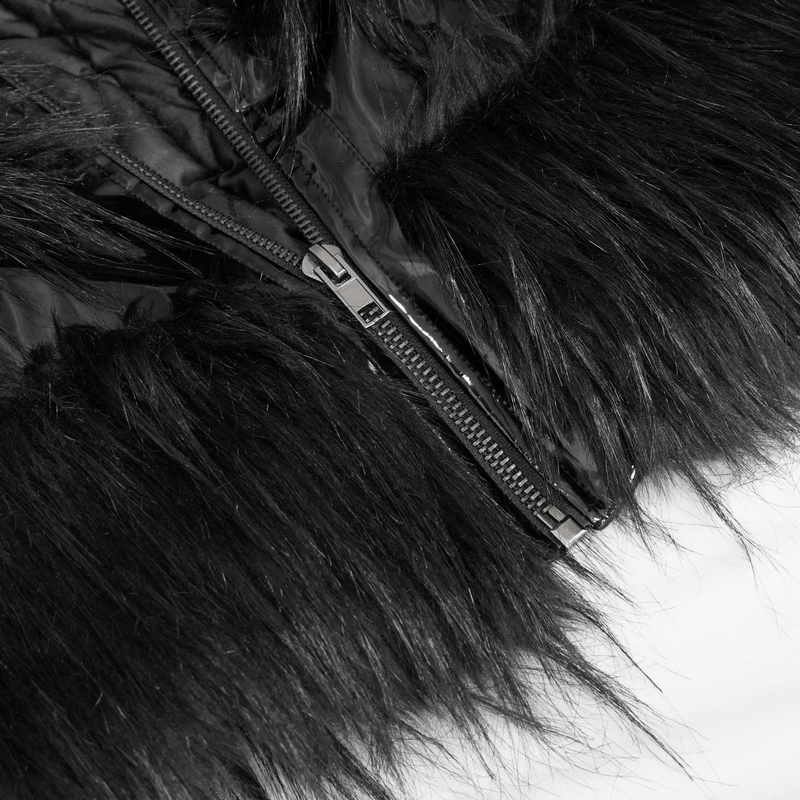 Close-up of a stylish black jacket featuring fur trim and a zipper, perfect for a gothic look.