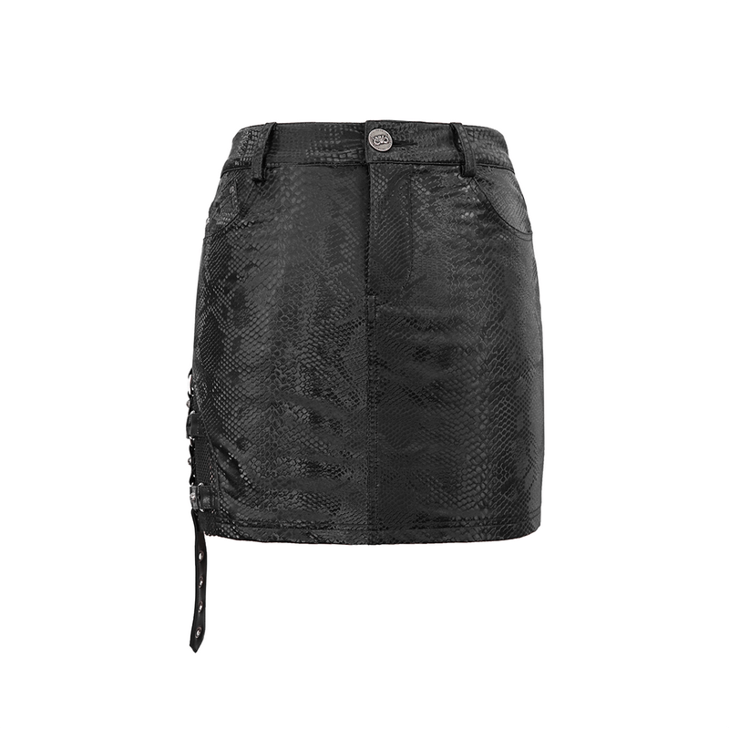 Stylish women's mini snakeskin skirt, punk style, high fit, perfect for alternative fashion enthusiasts.