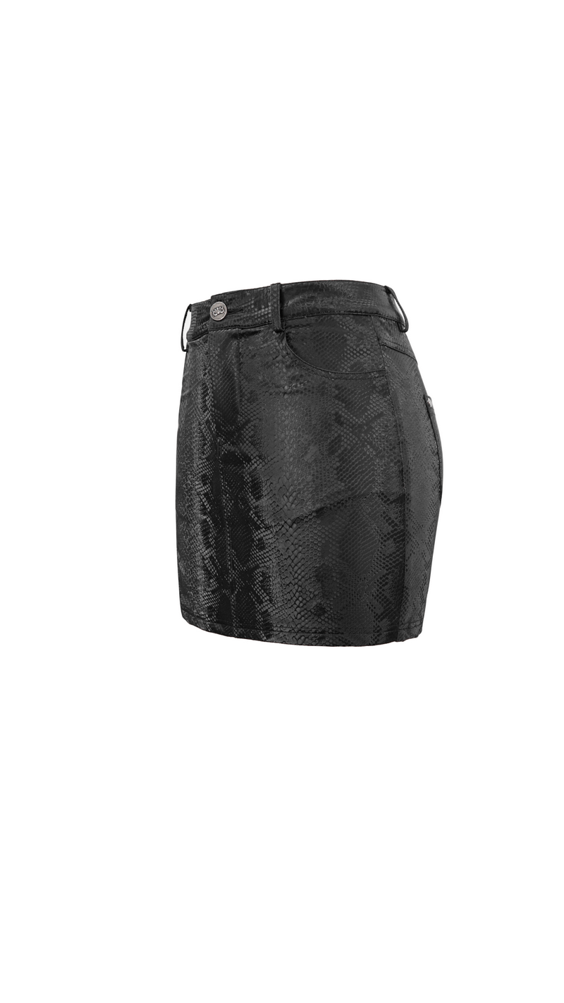 Stylish women's snakeskin mini skirt, punk style, featuring high fit and intricate snake print design.