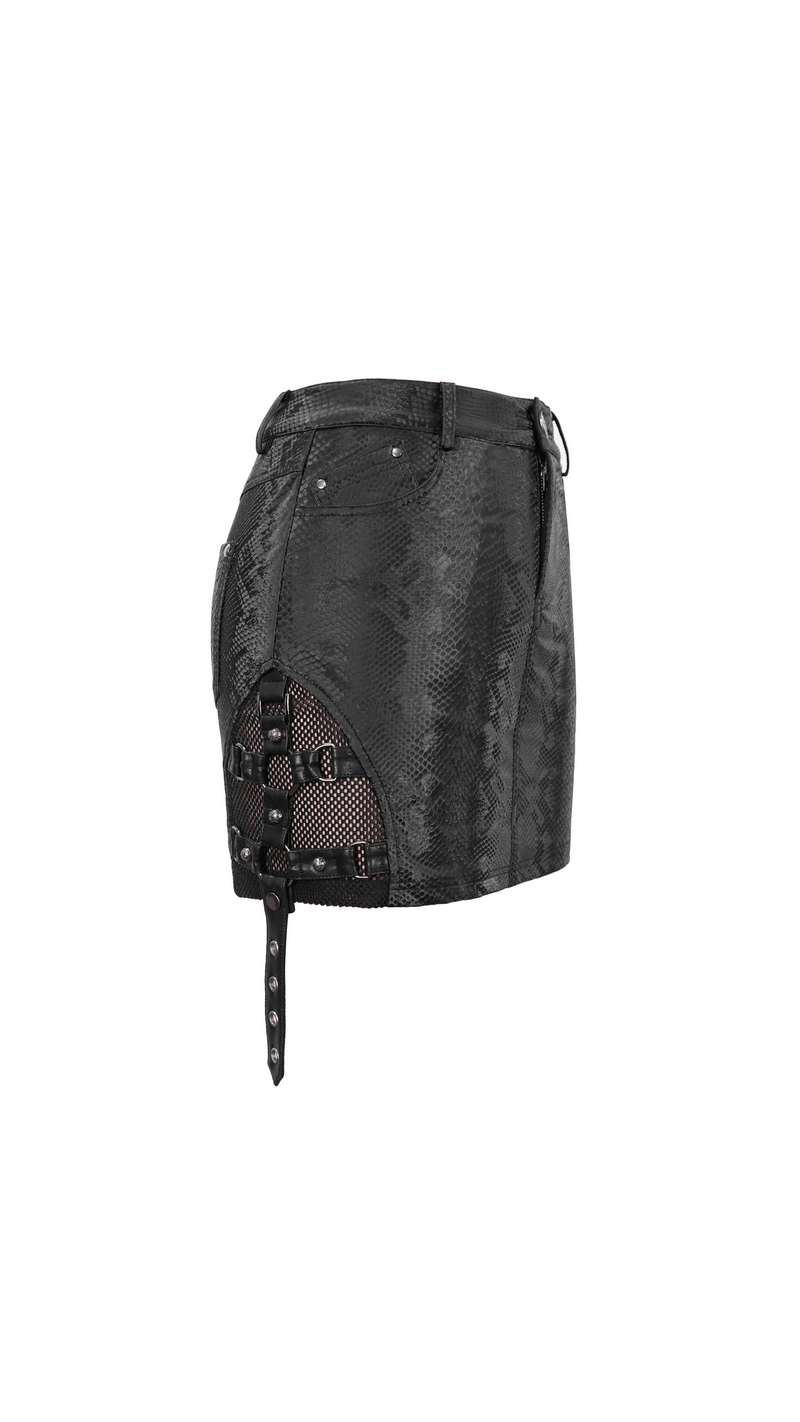 Stylish women's snakeskin mini skirt with punk details and mesh panel, perfect for alternative fashion lovers.