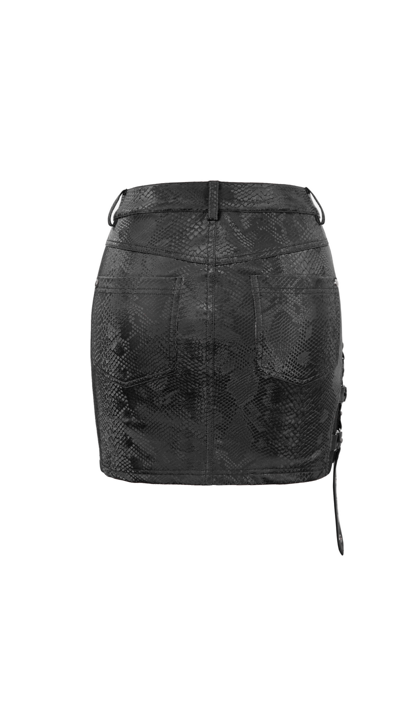 Back view of a stylish women's snakeskin mini skirt in punk style, perfect for alternative fashion lovers.