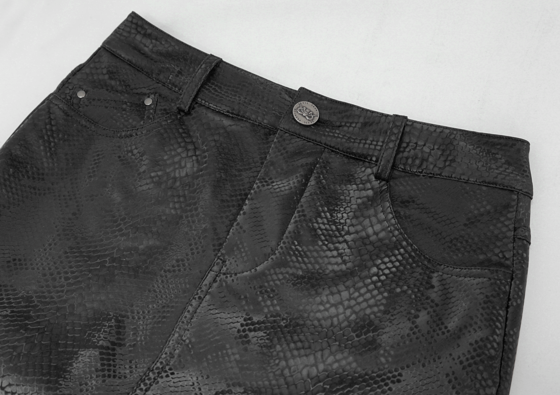 Stylish women's snakeskin mini skirt featuring punk style and high-quality material detail.