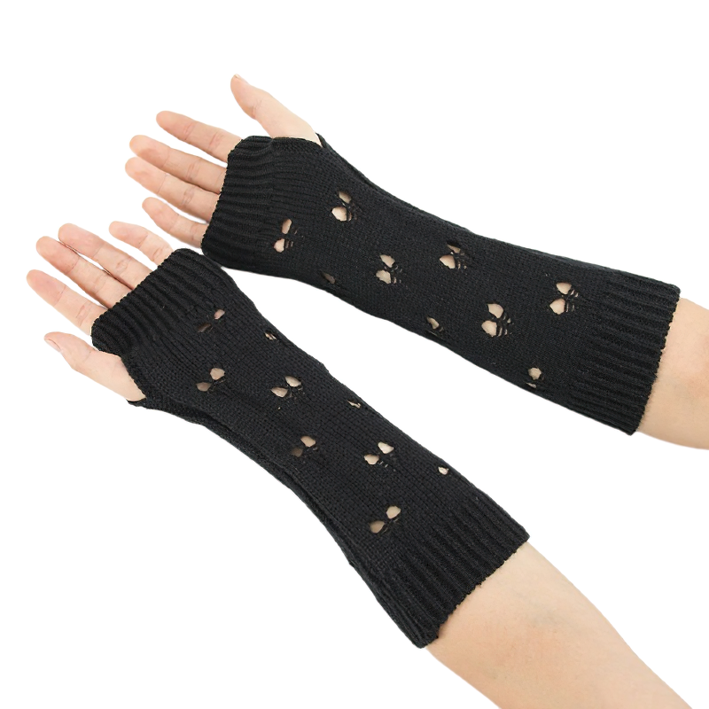 Stylish women's fingerless gloves in black with hollow heart design, perfect for cozy casual wear.