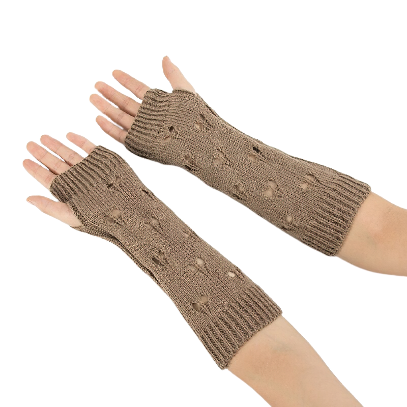 Stylish women's fingerless gloves in brown with hollow heart design, perfect for cold weather and casual outfits.