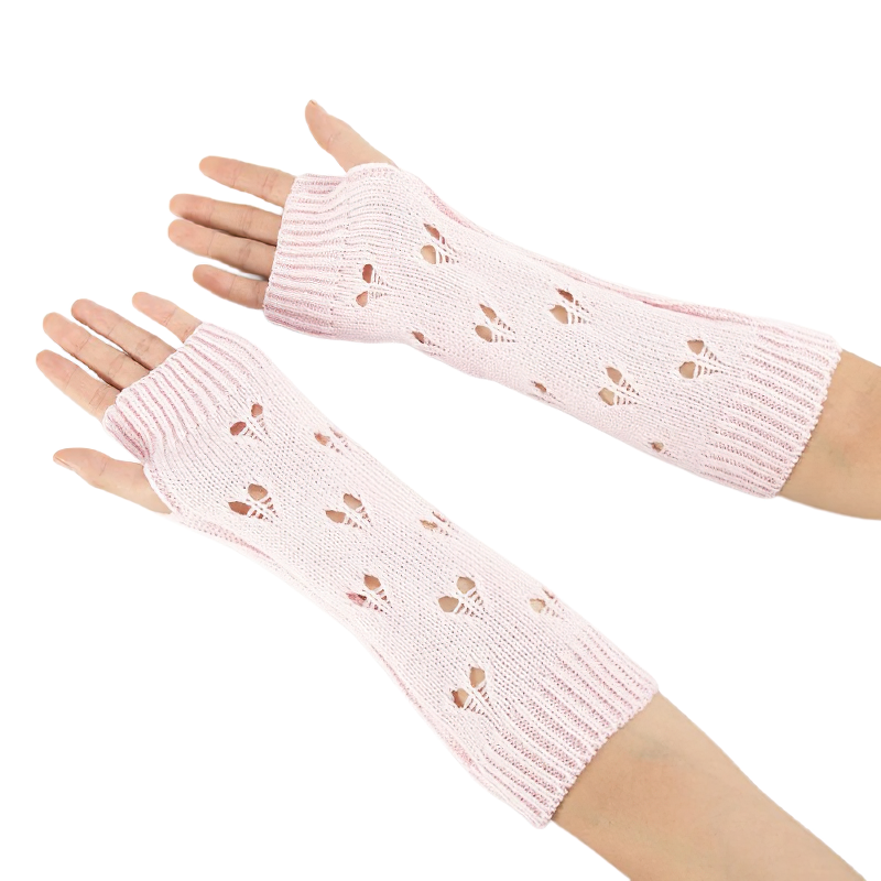 Stylish pink fingerless gloves with hollow heart design, perfect for cozy casual looks.