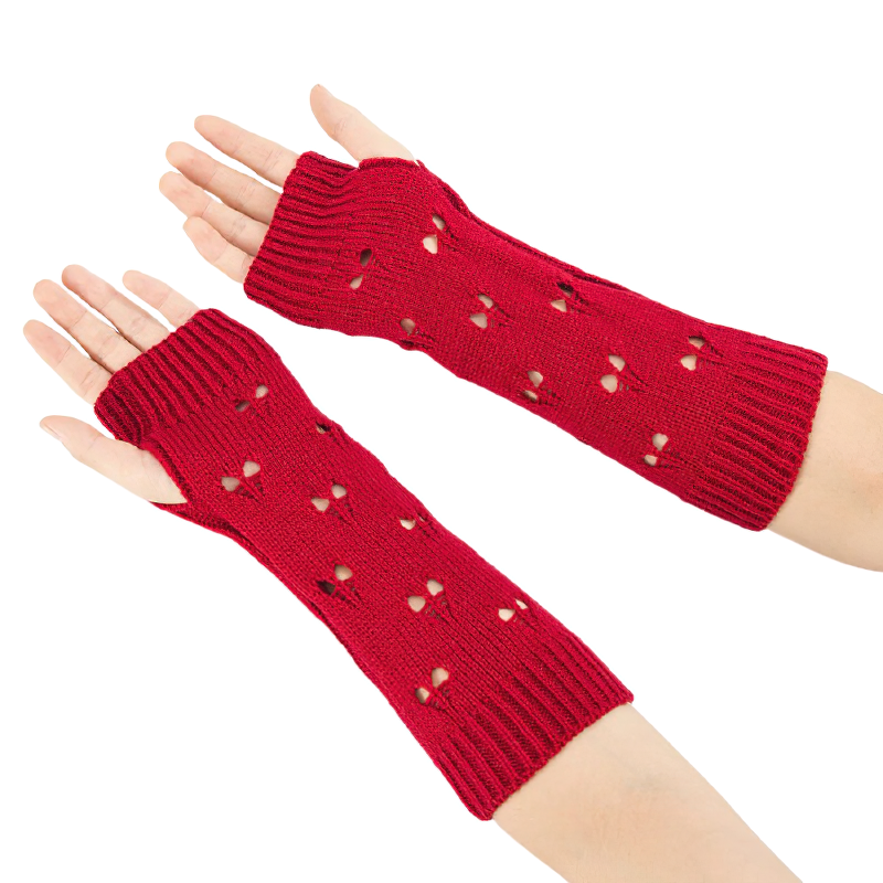 Stylish red women's fingerless gloves featuring hollow heart patterns, perfect for cozy casual wear.