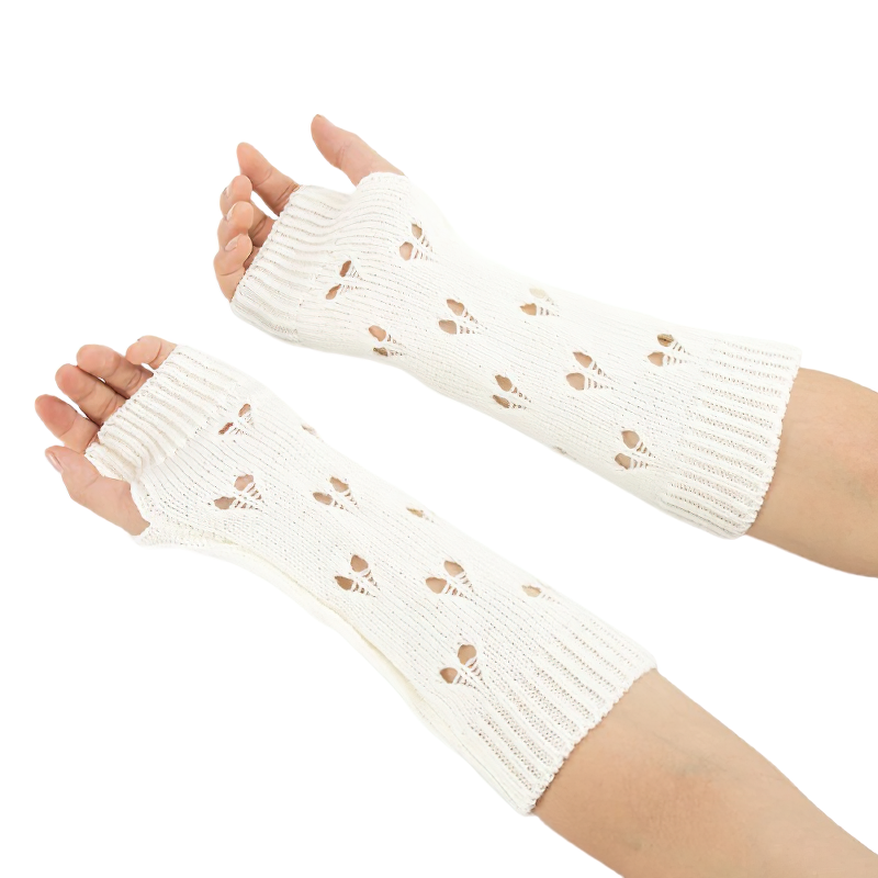 Stylish women's fingerless gloves in cream with hollow heart design, perfect for cozy casual looks.