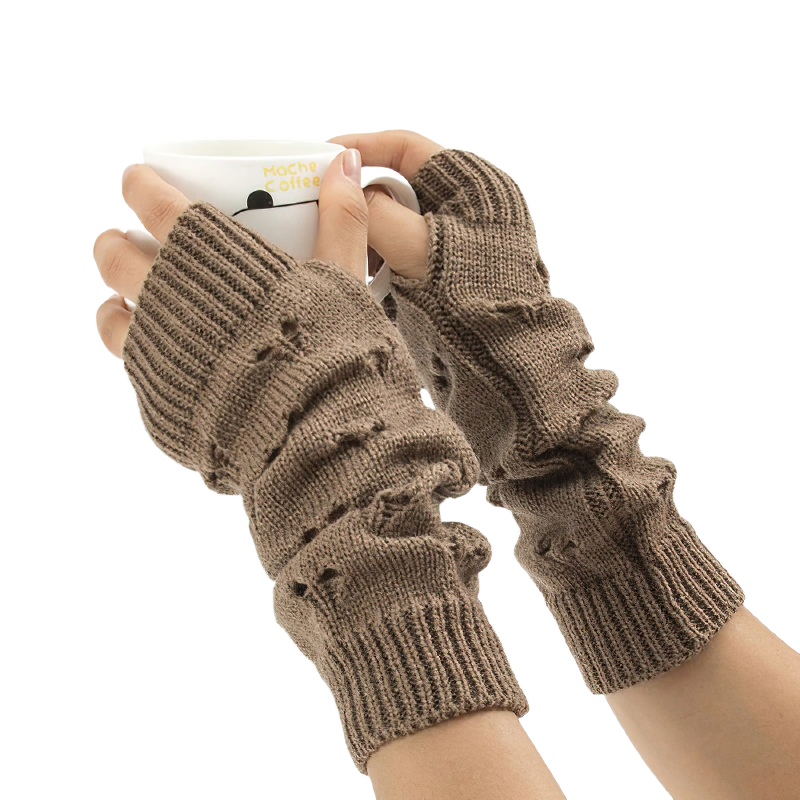 Stylish women's fingerless gloves in cozy brown, perfect for sipping coffee in style during cold weather.