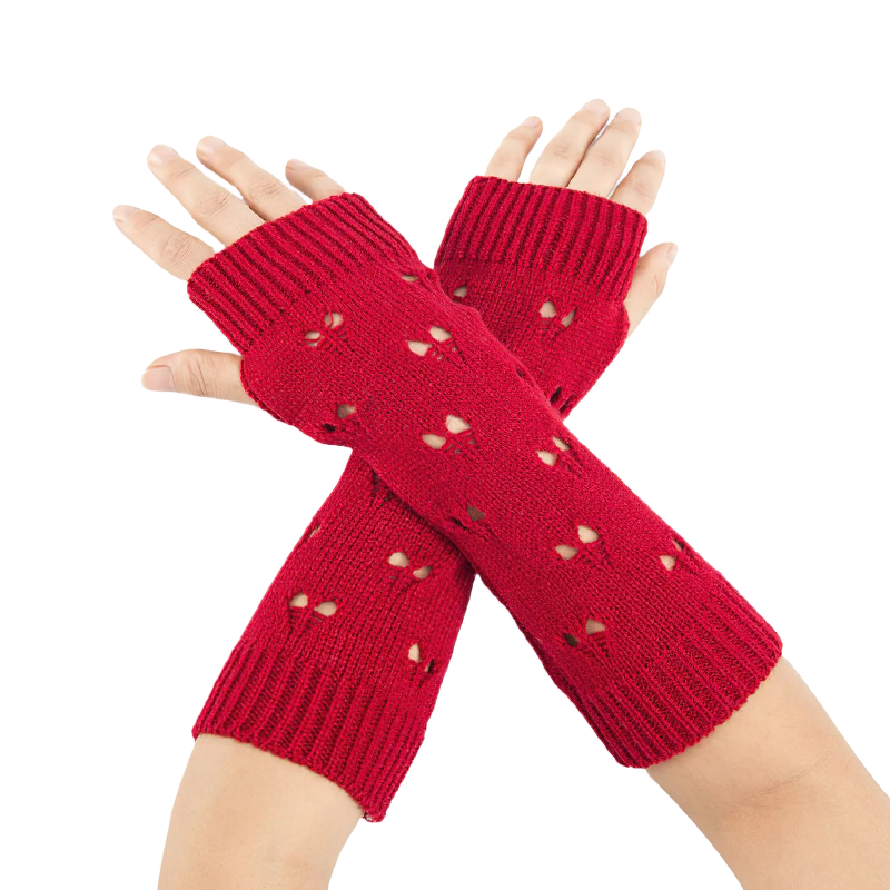 Stylish red fingerless gloves for women with hollow heart design, perfect for cozy casual winter outfits.