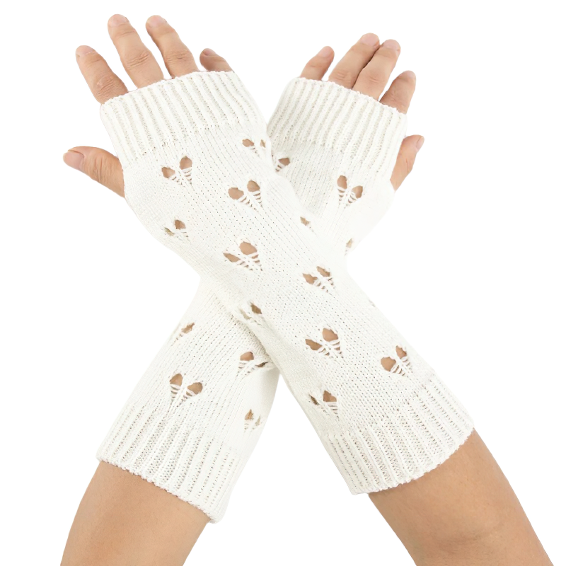 Stylish women's fingerless gloves with hollow heart design in cream, perfect for keeping hands cozy and fashionable.