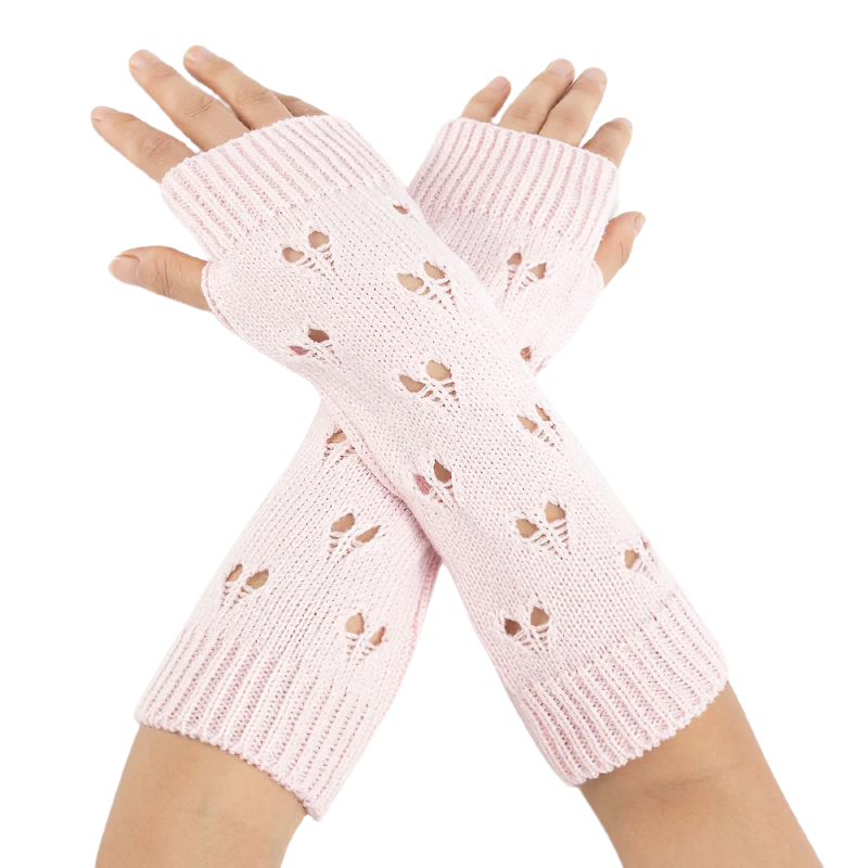Stylish women's fingerless gloves in pink with hollow heart design, perfect for cozy casual wear in cold weather.