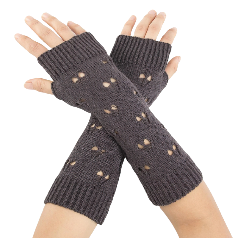 Stylish women's fingerless gloves in dark gray with hollow heart design, perfect for cozy warmth and fashion.