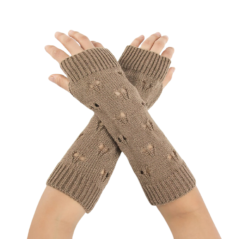 Stylish women's fingerless gloves in beige with hollow heart design, perfect for cozy warmth and casual looks.