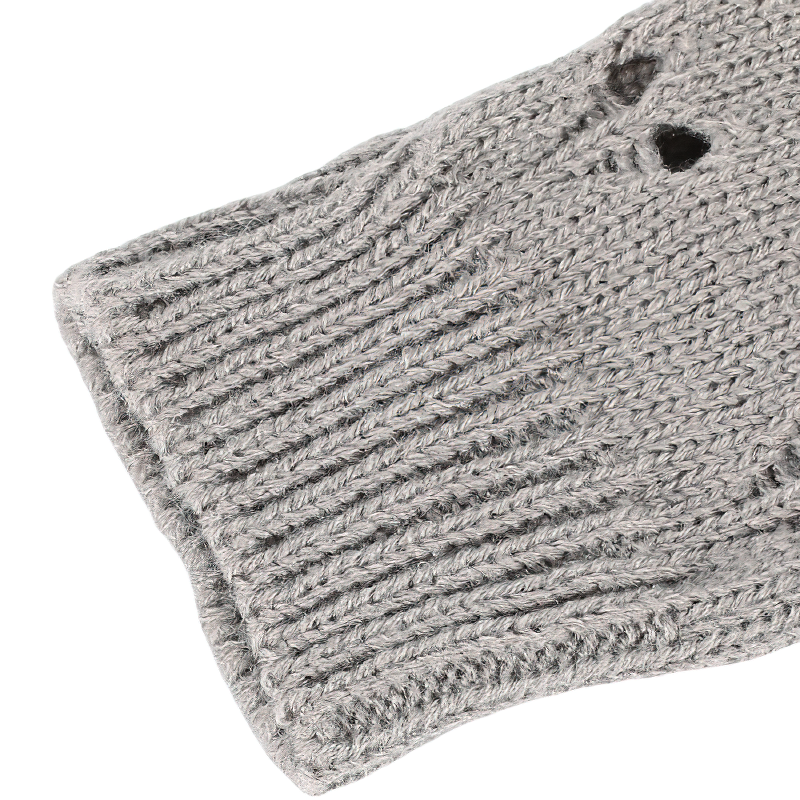 Stylish women's fingerless gloves in soft grey knit with hollow heart design, perfect for cozy winter wear.