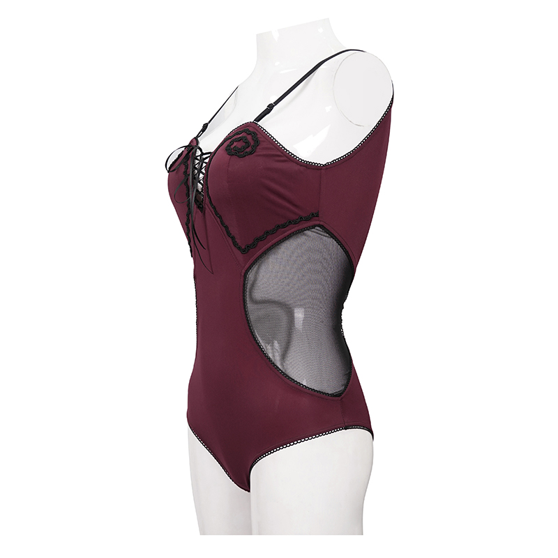 Stylish Women's Wine Red One-Piece Swimsuit / Elasticity & Comfort Swimsuits in Gothic Style - HARD'N'HEAVY