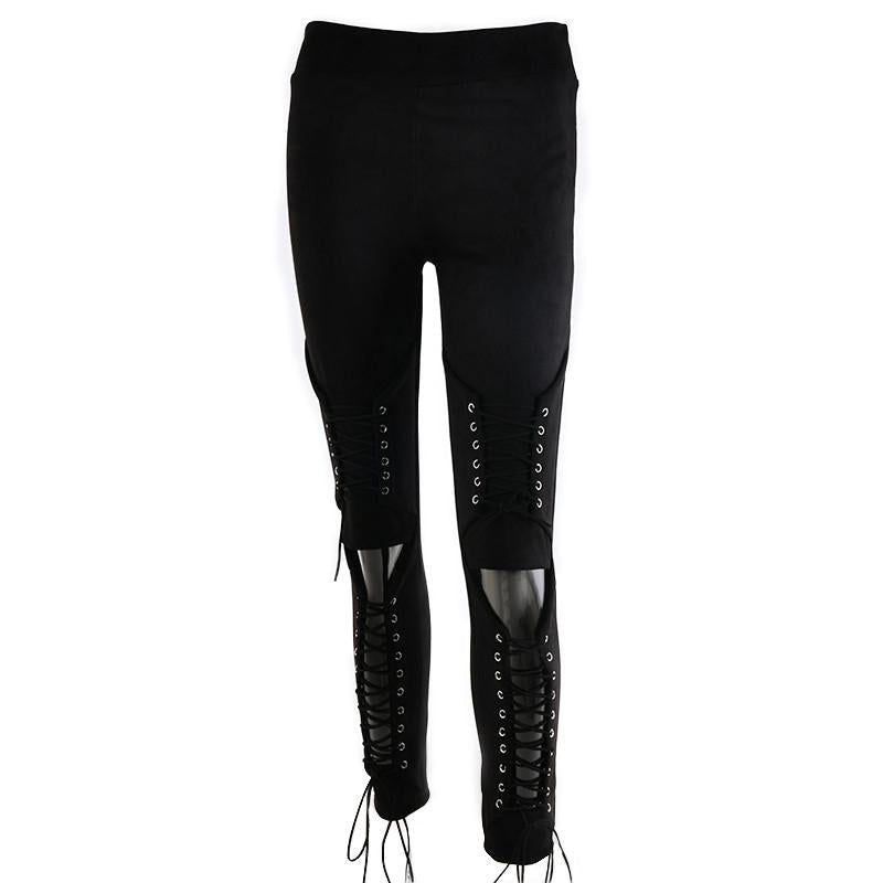 Women’s suede bodycon bandage trousers with lace-up details, perfect for goth and rave outfits.