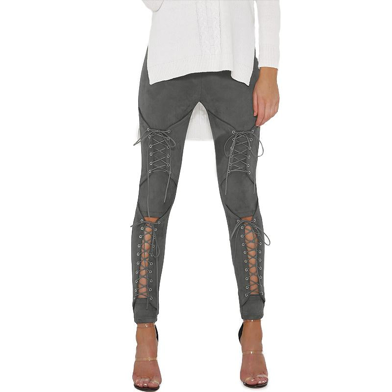 Suede Bodycon Bandage Trousers / Women Sexy Slim Pencil Pants / Unique Leggings Rave Outfits - HARD'N'HEAVY