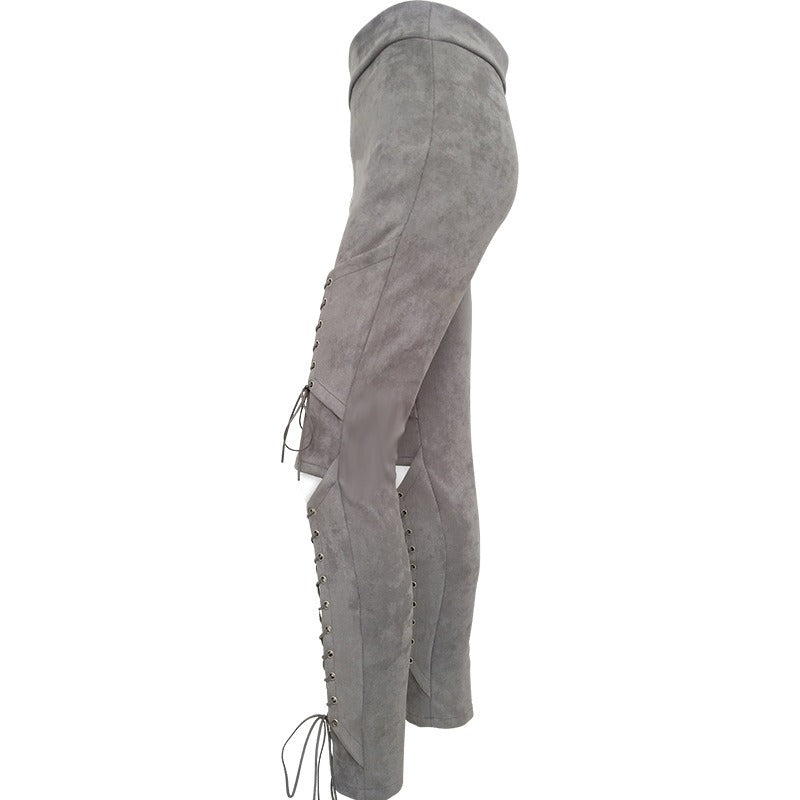 Women's gray suede bodycon trousers with lacing, perfect for gothic or rock-style outfits.