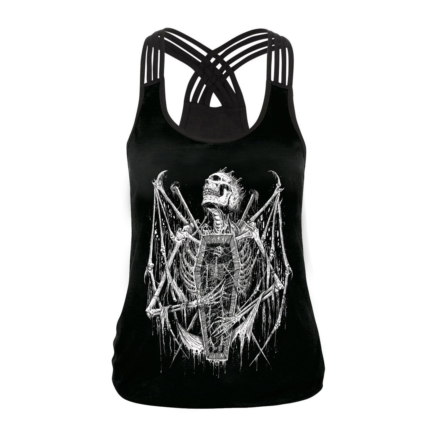 Black women's tank top featuring a gothic skeleton print with strappy back design, perfect for concerts and Halloween fashion.