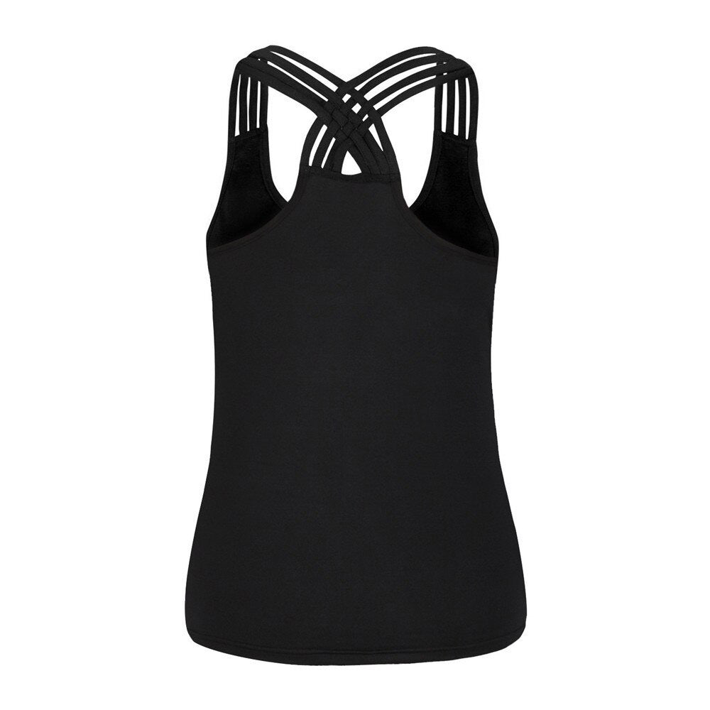 Back view of a black sleeveless tank top with crisscross straps, perfect for summer and gothic fashion.