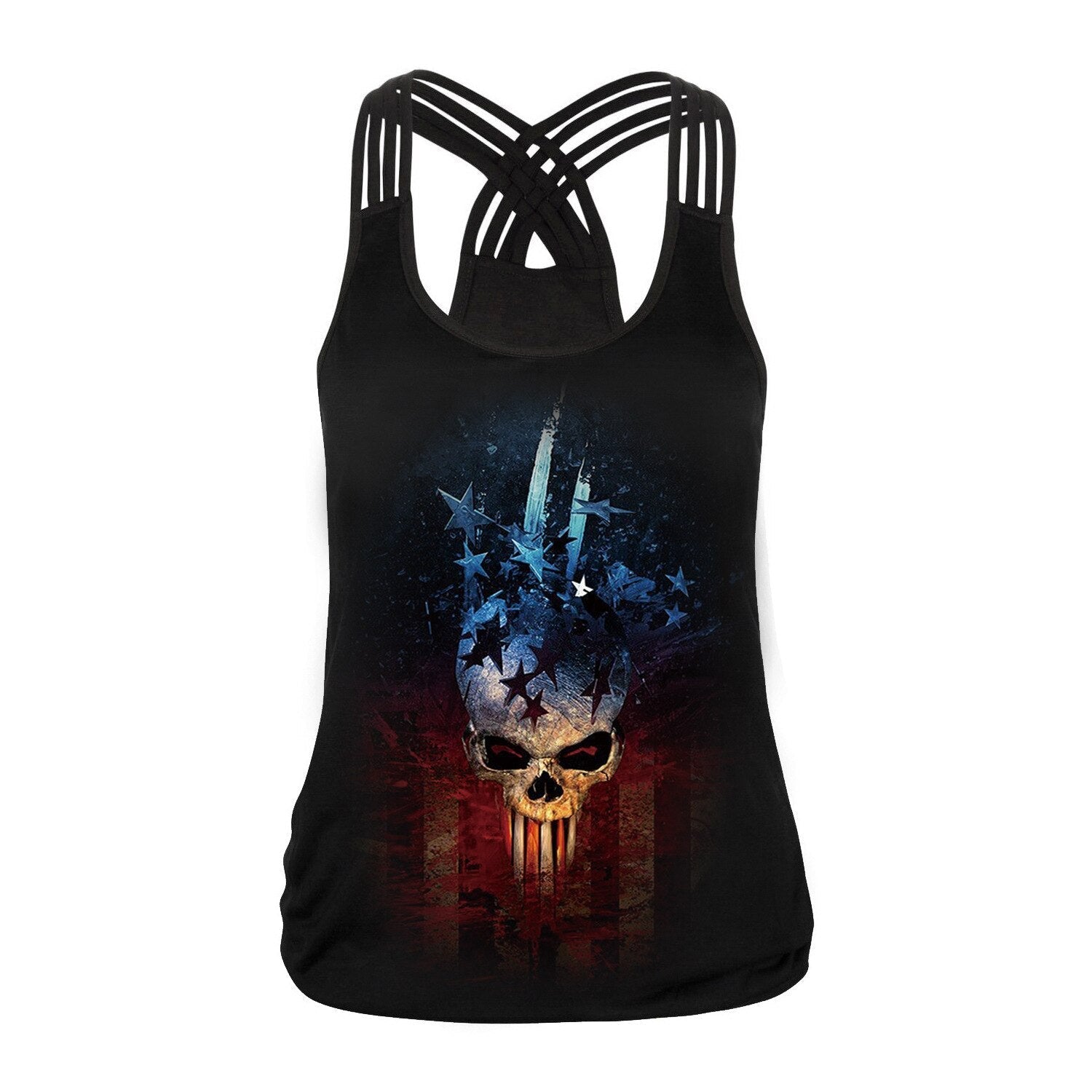 Black sugar skull tank top for women with a star design, perfect for Halloween and rave outfits.