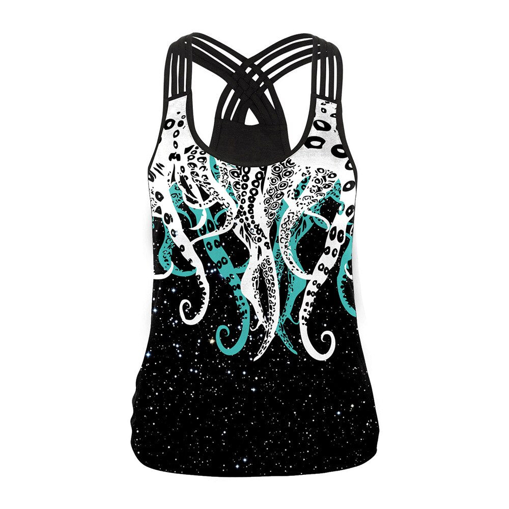 Sugar Skull Tank Top with Octopus Design, Black Sleeveless Gothic Vest for Unique Halloween Fashion