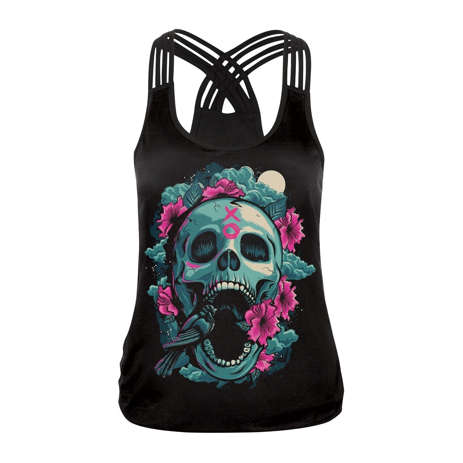Sugar Skull Tank Top for Women / Halloween Fashion / Gothic Style Back Cross Sleeveless Vest #4 - HARD'N'HEAVY