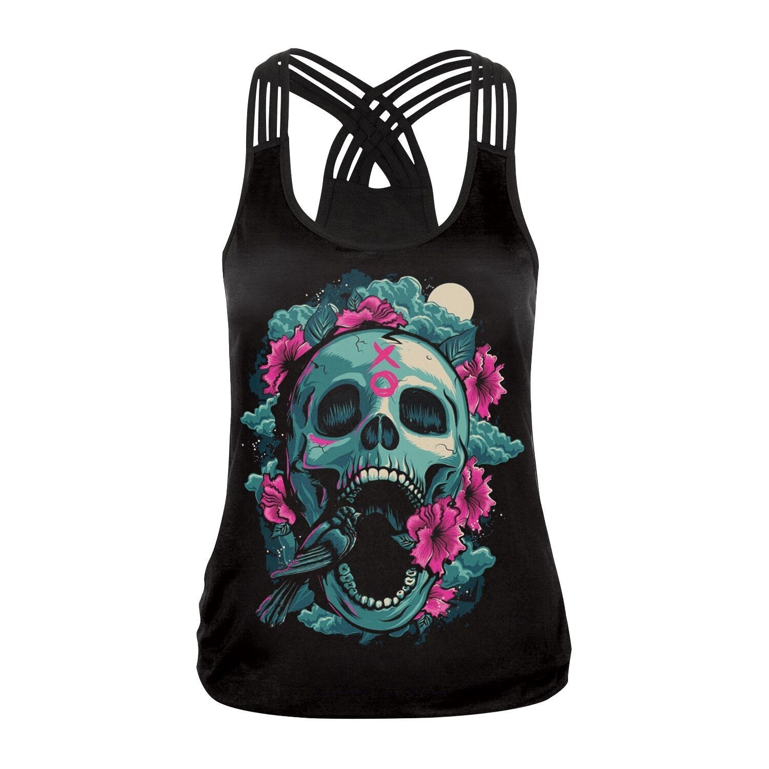 Black sugar skull tank top with floral design, perfect for Halloween and gothic fashion enthusiasts, featuring a stylish cross-back.