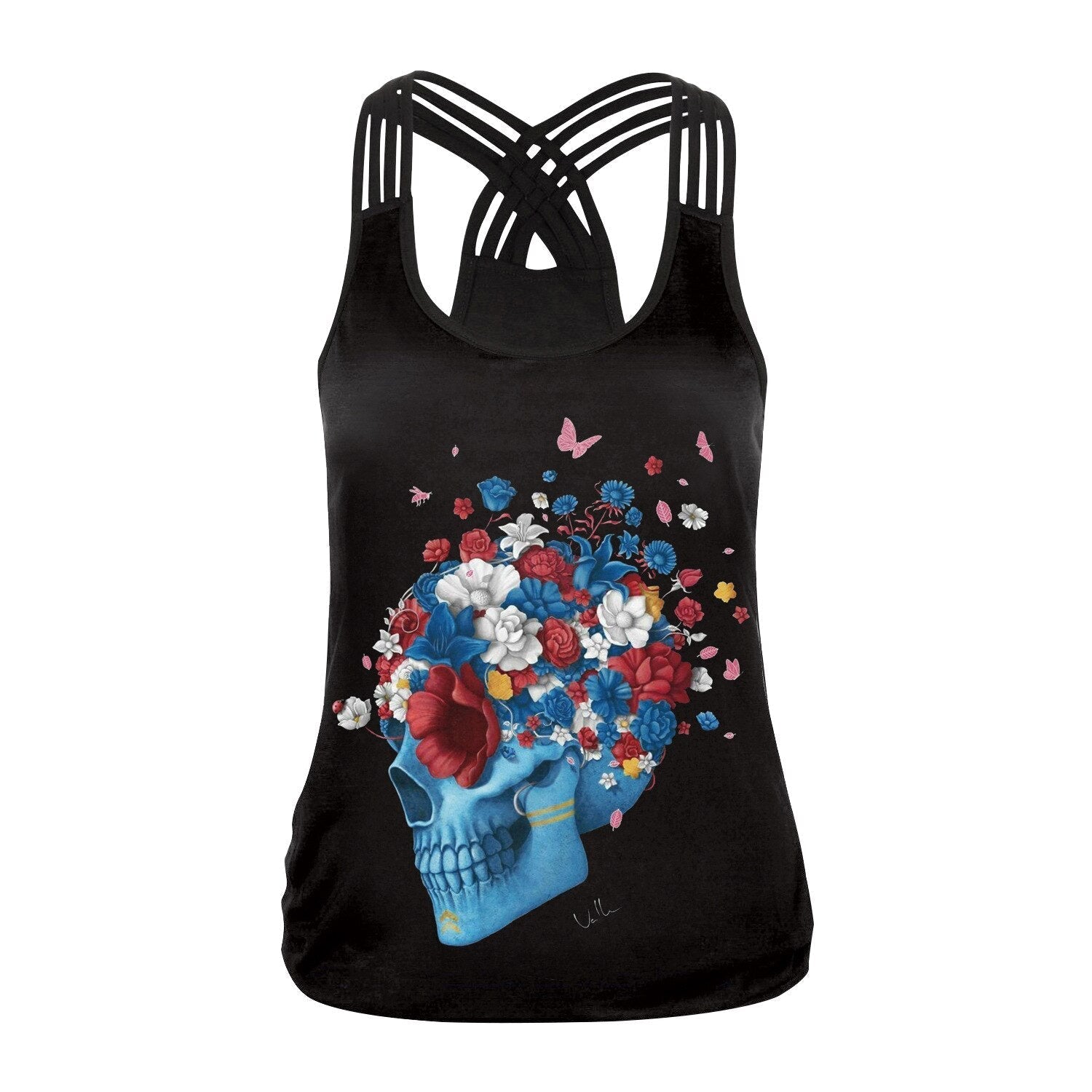 Black sugar skull tank top for women with floral design, perfect for Halloween and gothic style outfits.