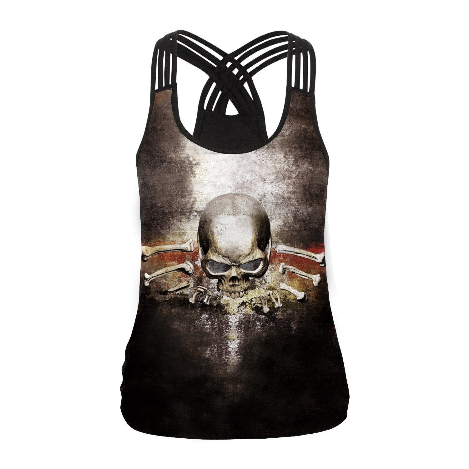 Gothic sugar skull tank top for women with edgy back cross design, perfect for summer and Halloween fashion.