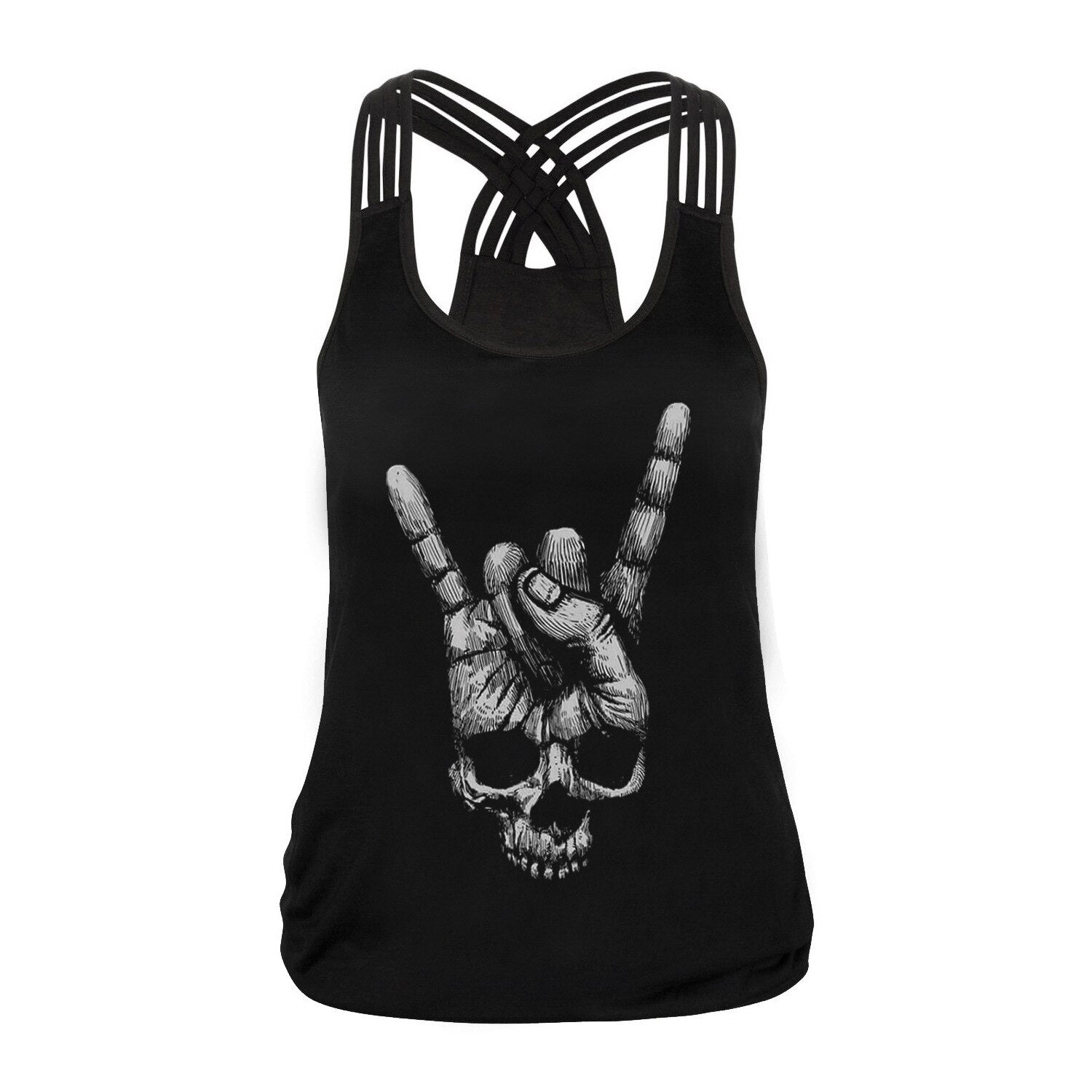 Black Sugar Skull Tank Top with rock hand gesture, perfect for summer concerts and gothic fashion.